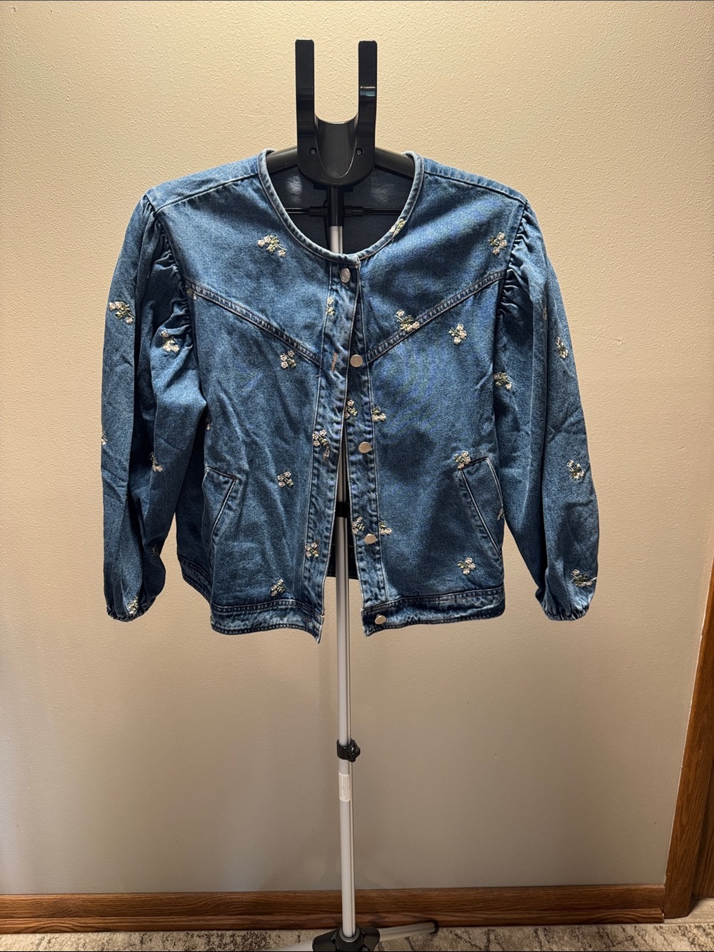 Embroidered Blue Denim Jacket with Puff Sleeves